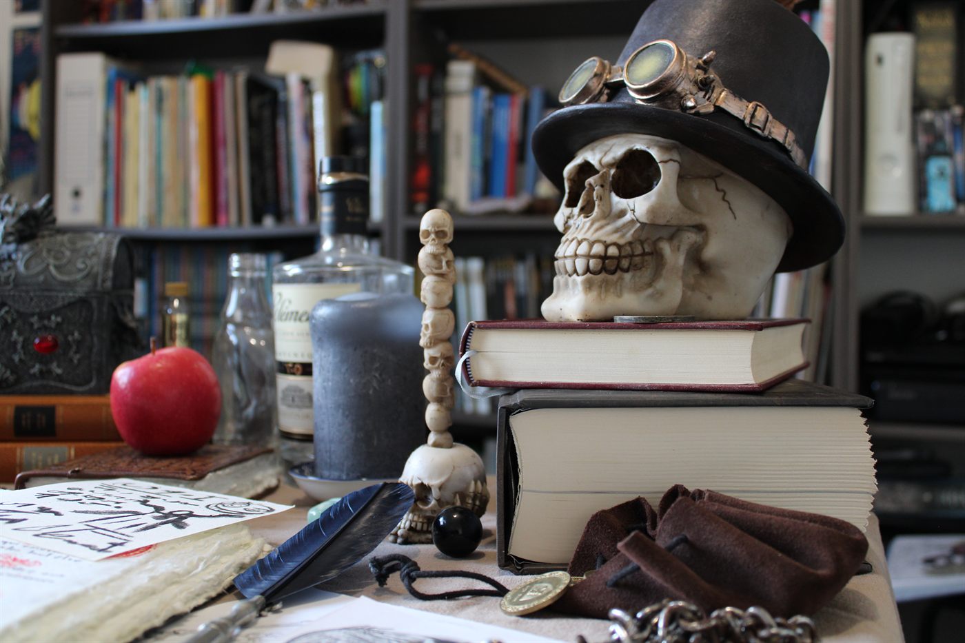 Bibliotheque fantastique avec crane, livres et accessoires